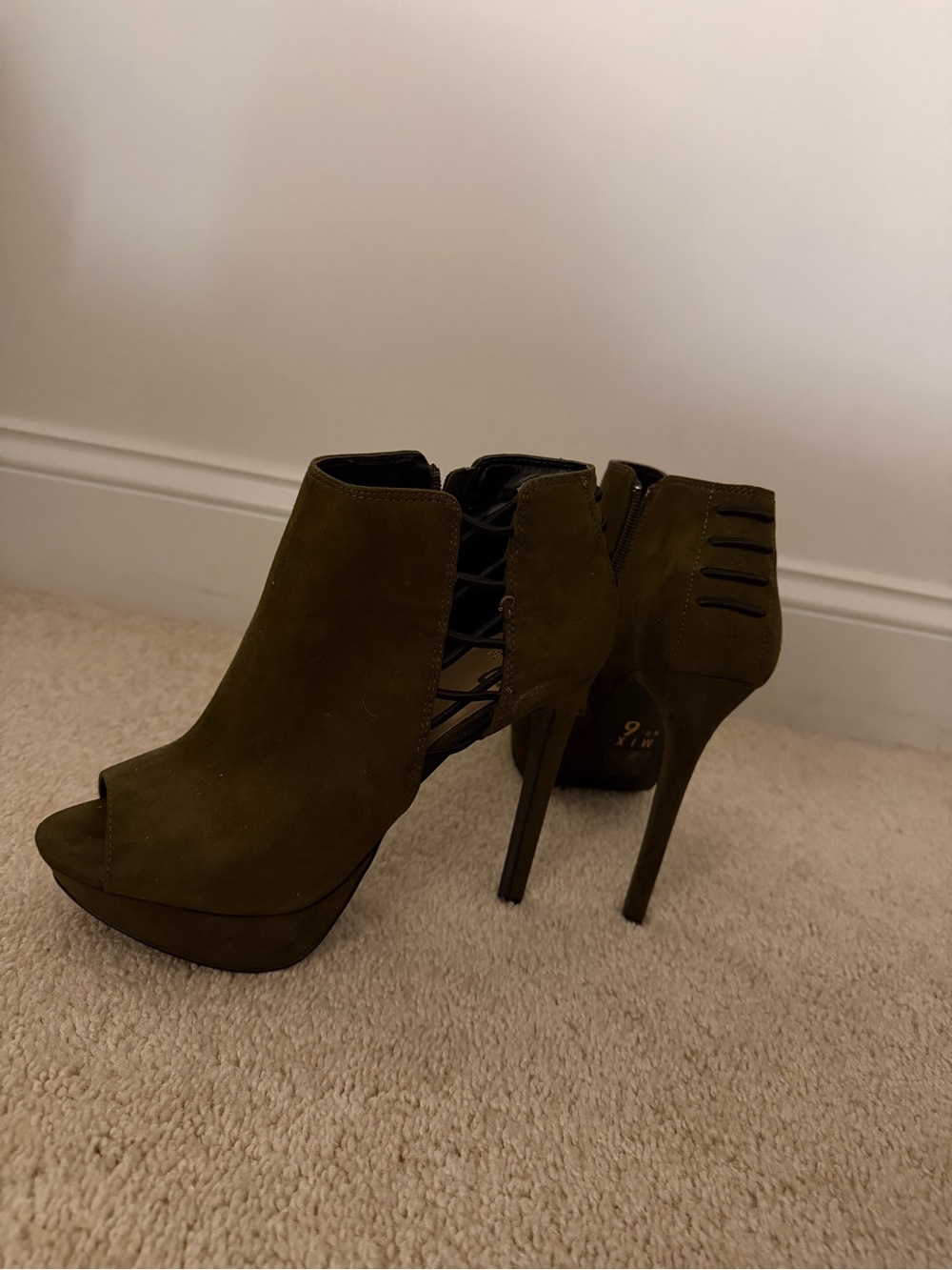 Olive Green Suede Peep-Toe Stiletto Booties